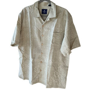 Caribbean Joe Shirt Mens XL Beige 100% Silk Floral Jacquard Button Up Camp